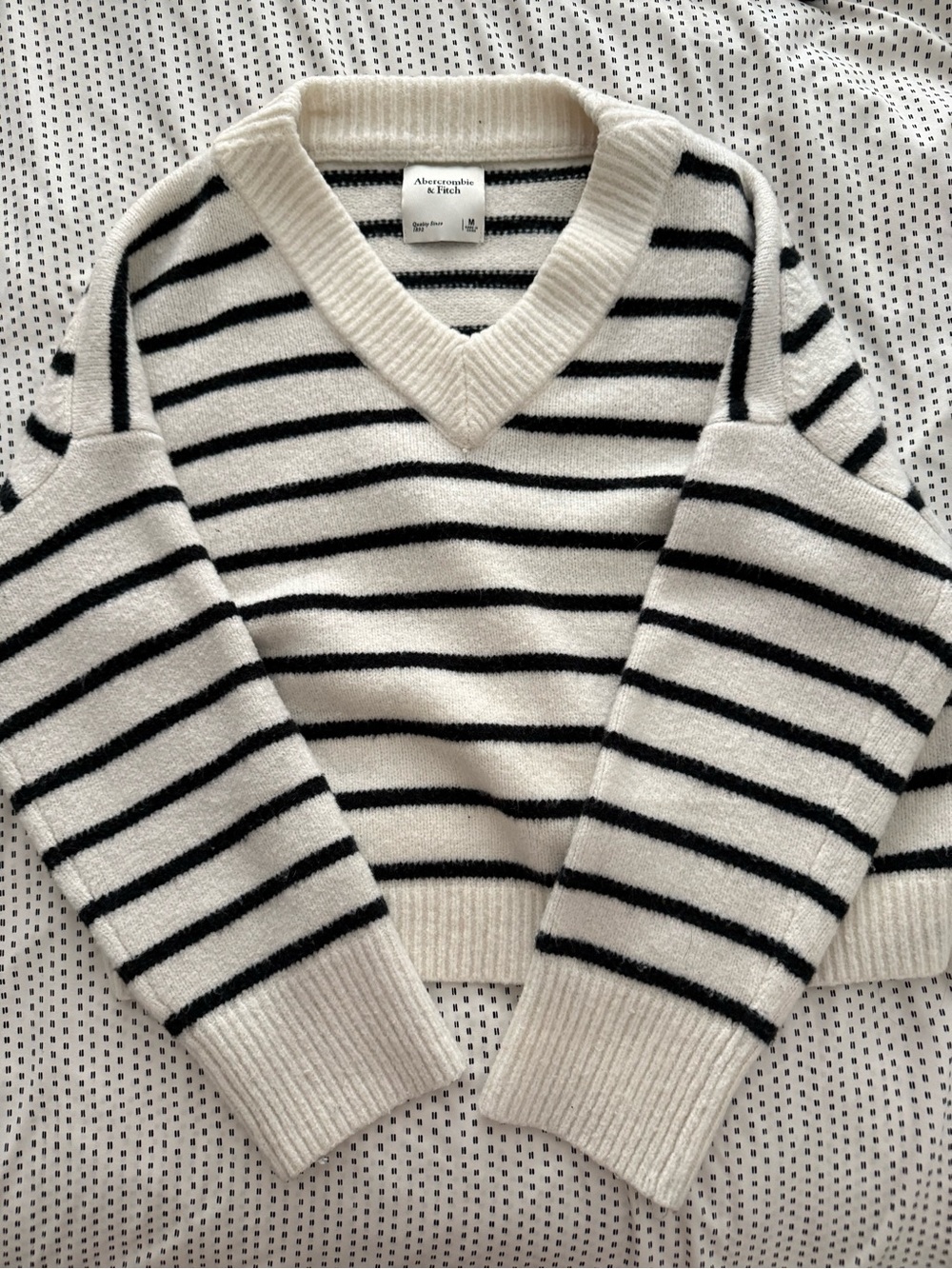 Abercrombie & Fitch Cream and Black Striped V-Neck Pullover